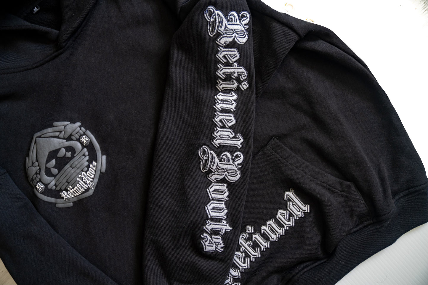 Refined Roots puff print embroidered hoodie